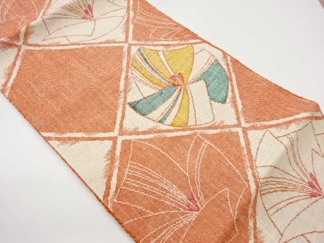 JAPANESE KIMONO / TSUMUGIWEAVING ABSTRACT FLORAL PATTERN WATER CHESTNU
